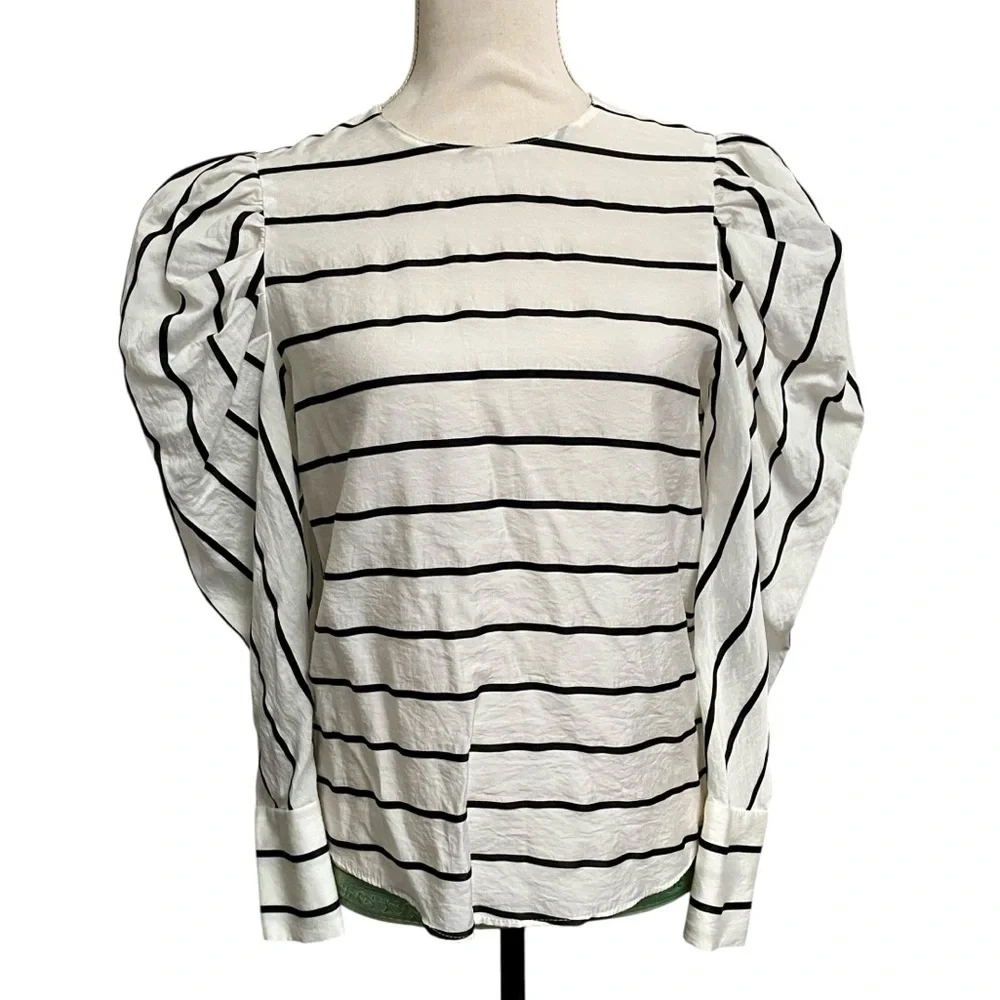 Zara Striped Puff Sleeve Top Black White Statement Sleeve Blouse XS